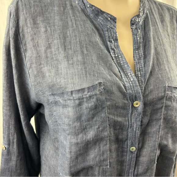 Made In Italy Blue Linen Button Down Blouse with Roll-tab Sleeves M - Picture 6 of 11